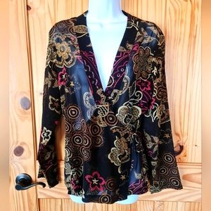 Chico's Semi-Sheer Wrap V Neck L/S Sleeve Gold Accent Abstract Floral EUC Size 1
